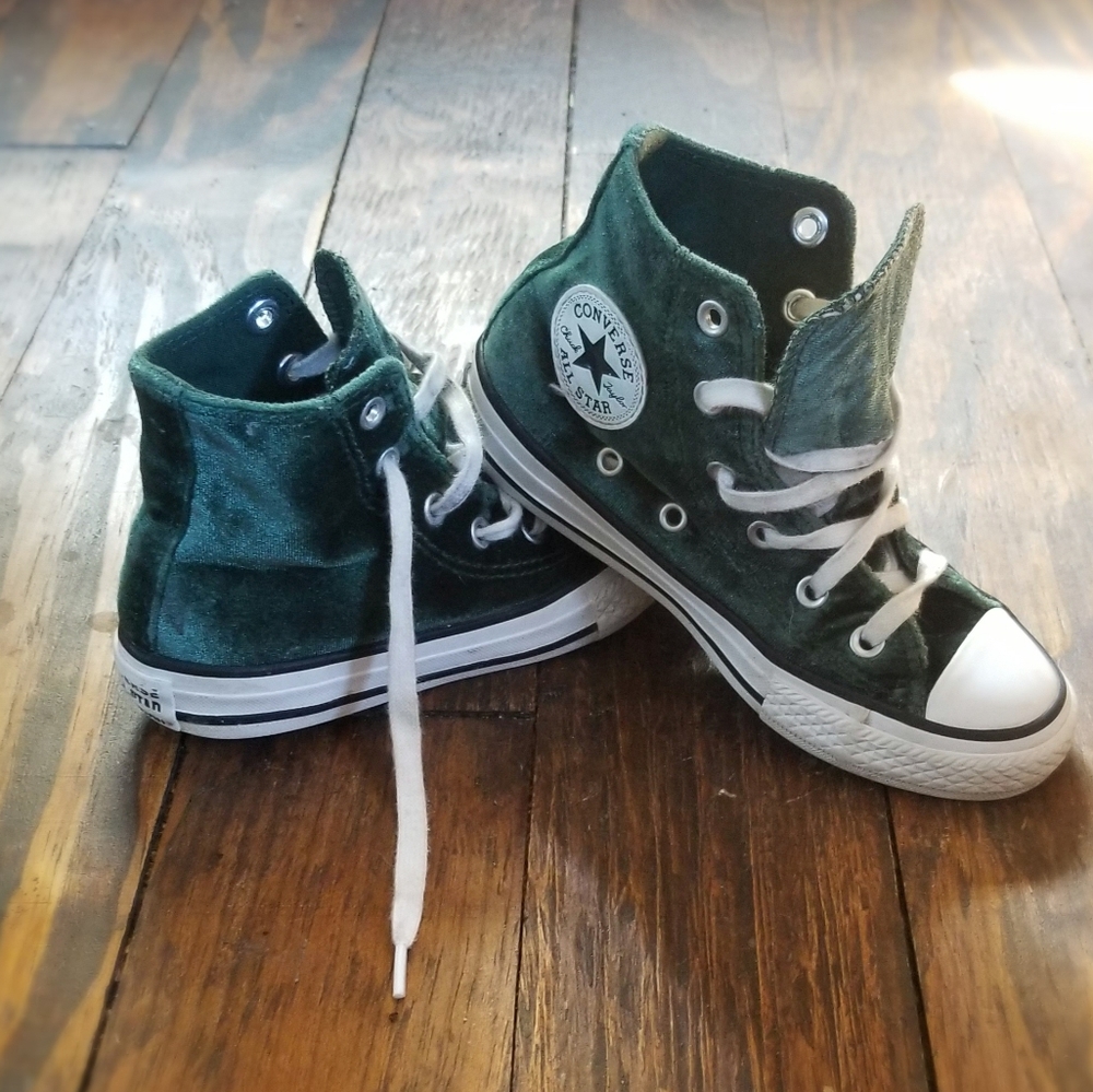 Green velvet Converse high tops